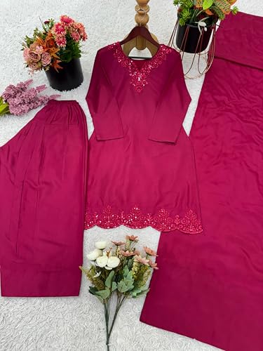 Image of Women's Natural Crepe Silk Kurta Set with Farshi Pant and Dupatta | Embroidery Sequence Work Fully Stitched Ethnic Suit