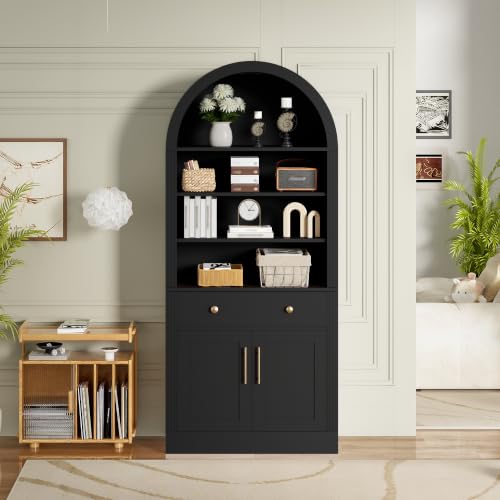 Image of Farmhouse Arched Bookshelf with Storage Cabinet(Black Style3) | Tall Display Bookcase with Drawer Doors&Adjustable Shelves, Freestanding Kitchen Pantry Cabinet for Living Room, Home Office