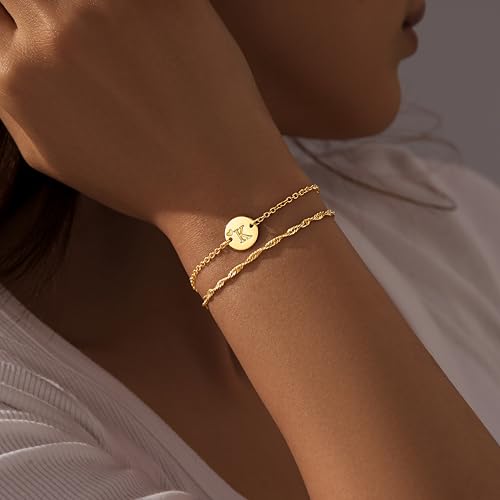 Gold Initial Heart Bracelets for Girl Women Trendy, Layered Dainty Initial Gifts Personalized Disc Letter Charm A-Z Bracelets for Teen Girl Women Jewelry Gifts2