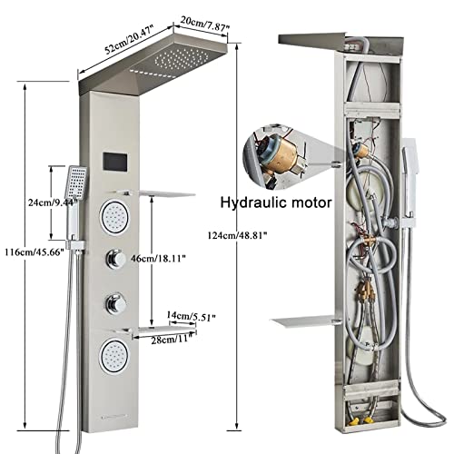 Columna de Ducha LED con Panel de Chorro de Cascada, Sistema de Masaje Corporal y Estantería Integrada, Montaje en Pared, Acero Inoxidable con Acabado Mate miniatura 3