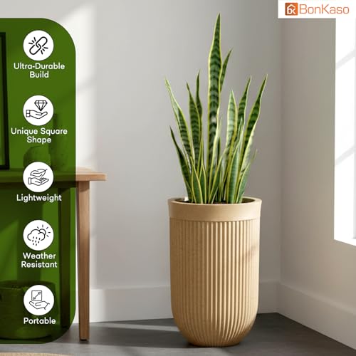 Image of Bonkaso 18 Inch Burj Khalifa Ribbed Planter for Indoor & Outdoor Use | Round Heavy Duty Polymer Flower Pot | Lightweight Weather Resistant Modern Gamla for Living Room Balcony & Terrace (Beige)