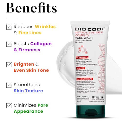 Image of Bio Code 0.2% Encapsulated Retinol Anti-Ageing Face Wash (150ml) - with 0.5% Peptide Complex & 0.3% Multi-Molecular Hyaluronic Acid | AI-Enhanced & Dermatologist Recommended