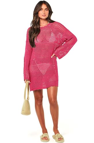 Women's Bikini Cover Up Bathing Suit Beach Swimwear Cover Ups Crew Neck Long Sleeve Crochet Dress Rose Red - Image 7