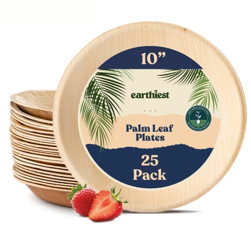 Palm Leaf Plates - 10 Inch. Round Bamboo Like Disposable Plates, Eco Friendly Dinner Party Plates - Plastic and Wooden Plates Nice Compostable Alternative - Biodegradable Plates by Earthiest (25 Pack)