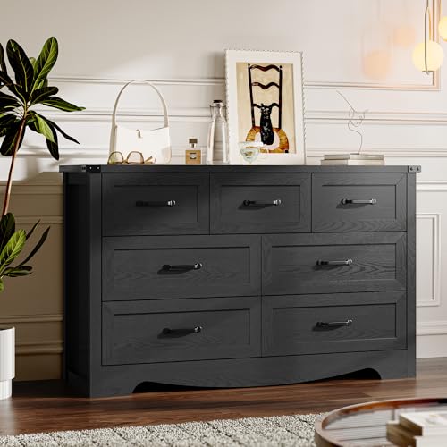 Image of BORNOON 7-Drawer Dresser for Bedroom, Modern Wooden Chest of Drawers with Metal Handles, Anti-Tipping Design, Sturdy and Stable Storage Organizer for Living Room, Entryway, Home Office