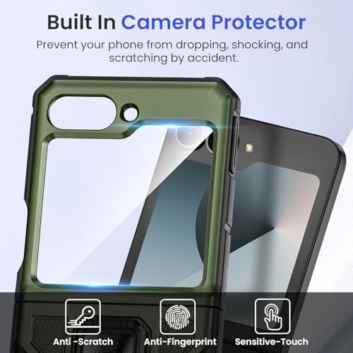 Image of VEGO for Samsung Flip 6 Case with Hinge Protect, Built-in Screen Protector | 360Magnetic Ring Stand Protective Phone Cover Drop Shock Proof for Samsung Galaxy Z Flip 6 5G - Green