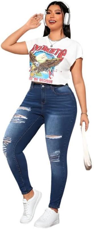 Plus Size High Waist Stretchy Distressed Skinny Denim Jeans – Ripped Design, Medium Stretch Fabric, Multiple Colors