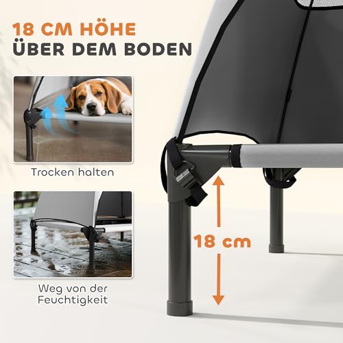 PawHut Hundeliege Outdoor mit Dach, Erhöhtes Hundebett für Mittelgroße Hunde, Kühlendes Haustierliege mit Waschbares Mesh Stahlrahmen Tragtasche, Haustierbett für Draußen Camping 76x61x71cm, Hellgrau