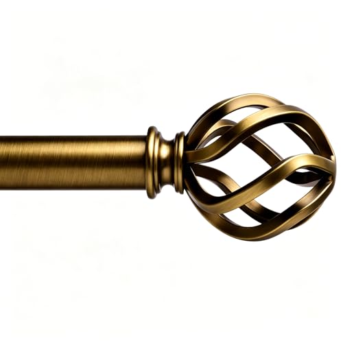 Brass Curtain Rods 18 to 88 Inches, 1 Inch Modern Drapery Rods, Adjustable Heavy Duty Curtain Rod, with Twisted Cage Finial for Home & Office (18"-88" Antique Brass) Antique Brass 18"-88"