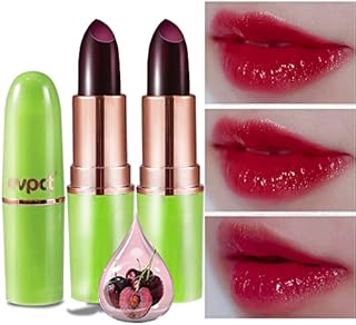 2Pcs Black Red Cherry Lip Color Changing Lipstick Lip Balm Stain Set, Green Magic PH Lipstick Color Change Changing Crystal Flower Jelly Lipstick Tinted Lip Balm Gloss Set for Women Girls Waterproof
