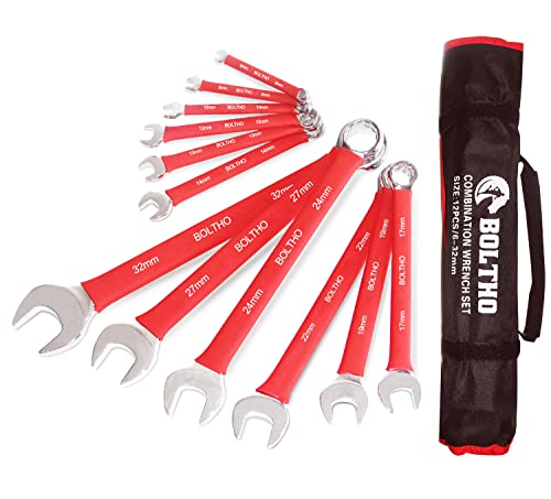 BOLTHO Jeu de clés à molette, 12 clés polygonales entièrement polies 6-32 mm avec sac à roulettes, poignée confortable et antidérapante Cover