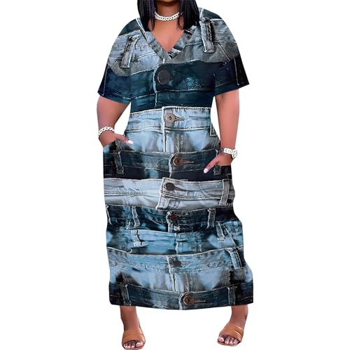 Plus Size Denim Print Shirt Maxi Dresses for Curvy Women Casual Blue Jean Summer Outfits Long Short Sleeve Dress with Pockets Ladies 2XL