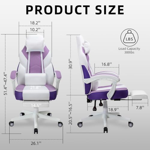 Image of Gaming Chair Ergonomic Computer Gaming Chairs with Footrest, Massage Lumbar Support, Height Adjustment, and 360 Swivel Seat (Purple)