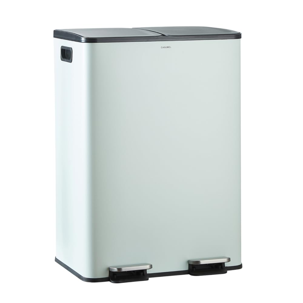 CASABEL Mülltrennung Mülleimer 60L, Küchenmülleimer 2x30L mit Pedal, fingerabdruckfreier Edelstahl, Doppelkammern, herausnehmbare Eimer, Griffe, leise Deckel, Mintgrün
