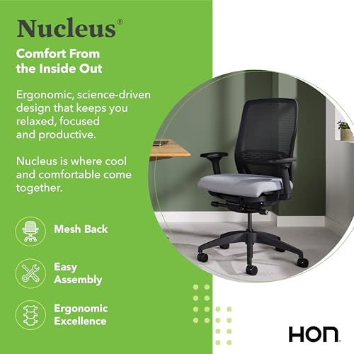 Image of HON Nucleus Office Chair Ergonomic Desk Chair Suspended Seat Mesh Back for Home Office, Task Work - Synchro-Tilt Recline, Swivel Wheels, Adjustable Lumbar Support & Armrests, Black Frame, Gray