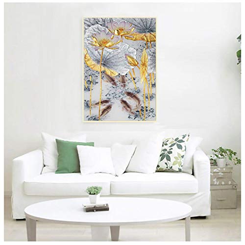 HSFFBHFBH Abstract Gold Lotus Fishes Lienzo Pintura Póster Arte Estilo chino Decoración Cuadros de pared para sala de estar Pasillo 20x30cm (8x12in) con marco dorado Cover