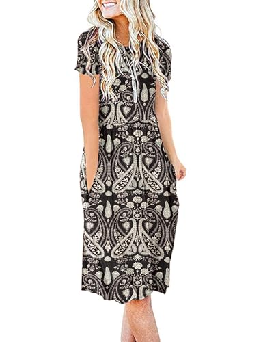 AUSELILY Damen Kleider Sommer Sommerkleider Knielang Kurzarm Empire Freizeitkleid Schicke Shirtkleider mit Taschen