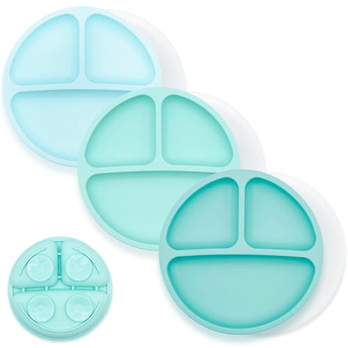 Image of WeeSprout Suction Plates for Babies With Lids & Toddlers - 100% Silicone, Dinnerware Stays Put, Divided Design for Picky Eaters, Microwave & Dishwasher Friendly, 3 Pack