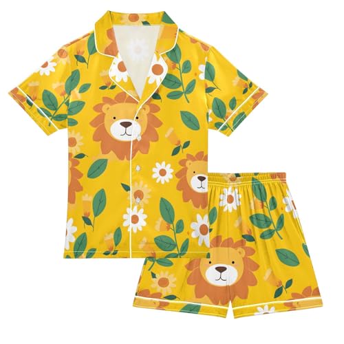 ALAZA Cute Lion Blossom Yellow Pajamas Satin Pajama Set Short Sleeve Button Down Sleepwear