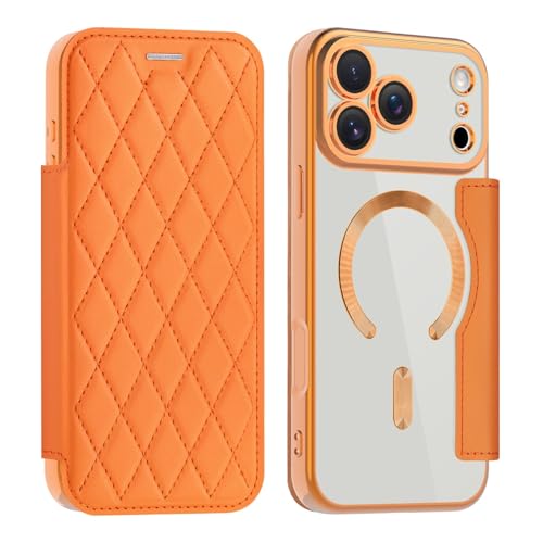 Étui iPhone 17 orange transparent avec portefeuille à rabat en cuir et fermeture magnétique