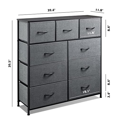 Wlive 9-Drawer Dresser, Fabric Storage Tower For Bedroom, Nursery, Entryway, Closets, Tall Chest Organizer Unit With Textured Print Fabric Bins, Steel Frame, Wood Top, Dark Grey #TOP2