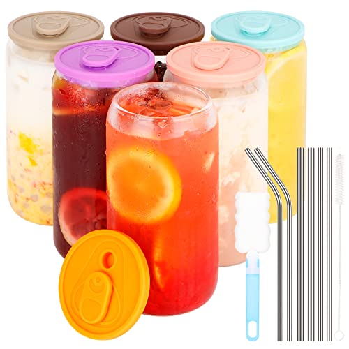 Glass Cups With Lids And Straws 6Pcs Set,Huaqi Beer Can Glass With Silicone Lids And Metal Straw,16Oz Drinking Glasses,Iced Coffee Cup,Glass Tumbler For Gift Whiskey, Cocktail, Wine,Smoothie, Boba Tea #TOP18
