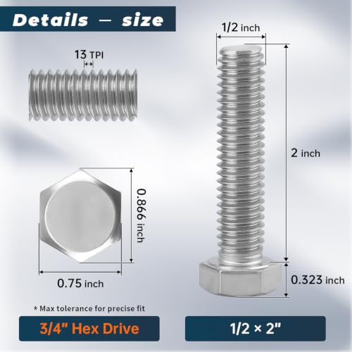 Image of 6 Sets Glvaner 1 /2-13 x 2 Stainless Steel Hex Head Screws Bolts, Nuts, Flat & Lock Washers, 18-8 (304) Stainless Steel, Full Thread, Coarse Thread