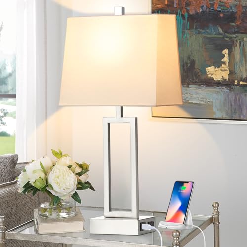 Touch Control Table Lamps for Living Room, 3-Way Dimmable Modern Table Lamp with USB A+C Charging Ports & AC Outlets, Bedside Contemporary Nightstand Desk Lamps with Fabric White Shade for Bedrooms by Lolikit - Image 2