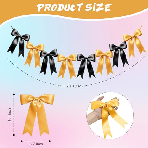 Image of 1 String of 8PCS Black&Gold Bow Garland Banner Decoration,Pre-Strung Satin Ribbon Ornaments for Birthday,Bachelorette Party,Bridal Shower,Wedding,Engagement,Baby Shower,Graduation Decor,Anniversary