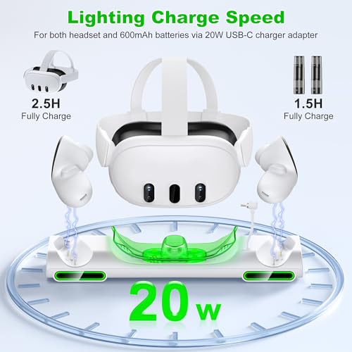 Charging Dock for Meta Quest 3 VR Headset/Controllers with Light, Magnetic Fast Charging Station for Meta Quest 3 Accessories with 2 Rechargeable Batteries and USB C Cable