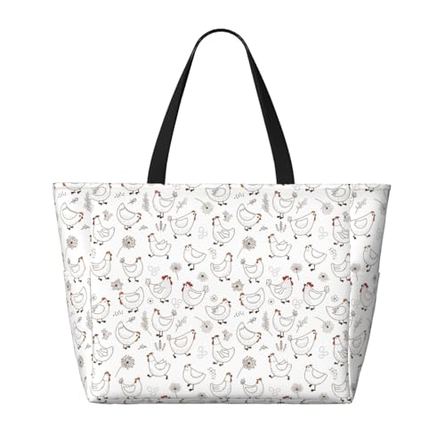 Cartoon Chicken Print Large Beach Tote Bag for Women Extra Large Capacity Sandproof Waterproof Pool Bag Suitable for Swimming Pool Gym Groceries Travel2