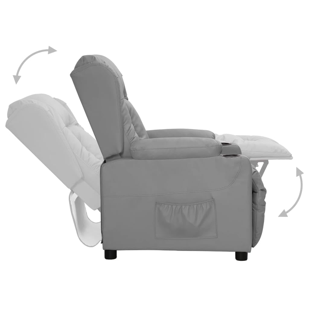 Sillón relax de piel sintética gris con función reclinable | Sillón de TV manual para sala de estar con 3 posiciones ajustables y portavasos integrados para noches de cine en casa.