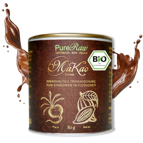 MaKao Classic Kakao Maca Lucuma Carob (Bio Roh Vegan) Trinkschokolade ohne Zucker Kaffeeersatz Heiße Schokolade Schokomilch Superfood Getränkepulver - Hot Chocolate Cacao Drink Powder | PureRaw 80g
