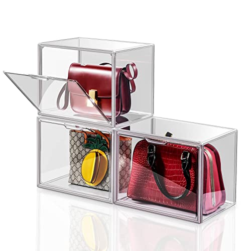 starogegc Purse Organizer for Closet, 3Pack Stackable Storage Bins, Closet Organizers and Storage, Clear Acrylic Display Case with Magnetic Door for Handbag Organzier, Heels, Collectibles