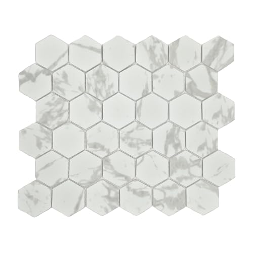 8-Sheet ‎Carrara White Hexagon Glass Mosaic,Tiles for Kitchen Bathroom Shower
