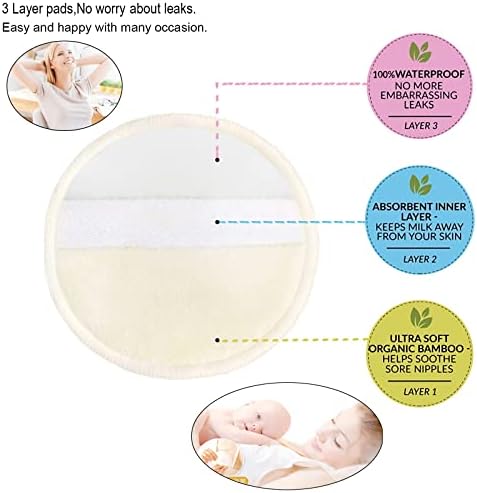 Pinowu Organic Bamboo Nursing Pads - 10 Reusable Pads + Wet Bag + Wash Bag, Breastfeeding Nipple Pads for Maternity Breast Feeding (Super Comfy, Large 12cm)