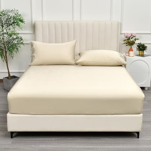PHF 100% Rayon Derived from Bamboo Fitted Sheet King Size, 16" Deep Pocket,2.5cm Wider Strong Elastic Easy Fit, Breathable Silky Soft Skin-Friendly for Hot Sleeper,78"x 80",Natural,No Pillowcase