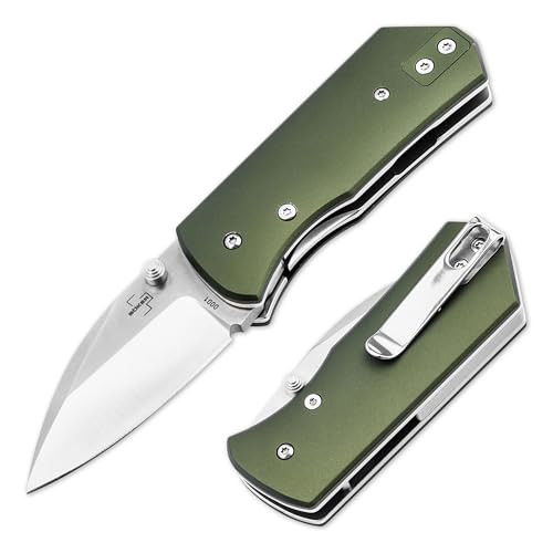 BÖKER PLUS® Lefti – Mini Taschenmesser mit extra scharfer 12C27 Sandvik Sheepfoot Klinge – Profi Klappmesser mit Alu-Griff grün – kleines Einhandmesser mit Linerlock, Daumenpin & Clip