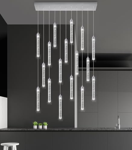 Image of Rectangular Chandeliers 17-Lights Long Light for Entryway LED Dimmable Chandeliers Lighting Fixture Flat Sloped High Ceiling Pendant Lights Crystal for Living Room Foyer Hallway Staircase Silver