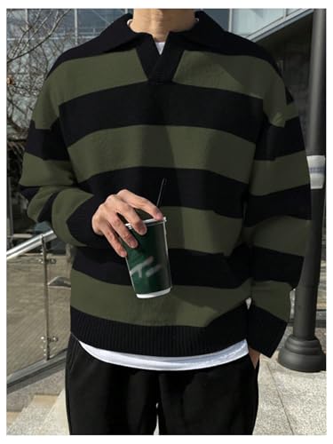 MakeMeChic Men's Striped Sweater Long Sleeve Notched Colorblock Loose Knit Pullovers2