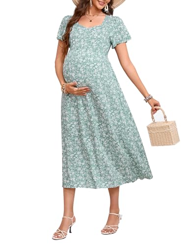 KOJOOIN Vestido feminino de verão de manga curta para gestantes, casual, decote coração, laço nas costas, floral, sessão de fotos, chá de bebê, Floral verde, P