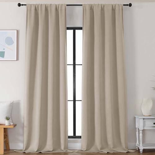 Image of Simplebrand Biscotti Beige Blackout Curtains for Bedroom 102 Inches Long 2 Panels, Solid Thermal Insulated, Energy Saving Living Room Window Treatment Curtains Blackout Drapes, W50 x L102 Inch
