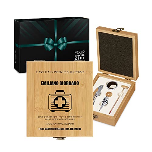 Maverton Set Cavatappi da Vino - Kit da Sommelier Degustazione Perfetta Personalizzato - Scatola in Legno di bambù + 4 Pezzi di Accessori Vino - Regalo Uomo - Regalo di Natale - Pronto Soccorso