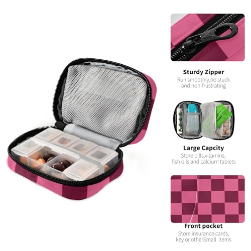 Image of Checkered Hot Pink Cute Pill Organizer Weekly Travel Pill Box 7 Day Large Capacity Pill Dispenser Case with 8 Pill Container Daily Pill Box Organizer Vitamin Holder Pill Bot