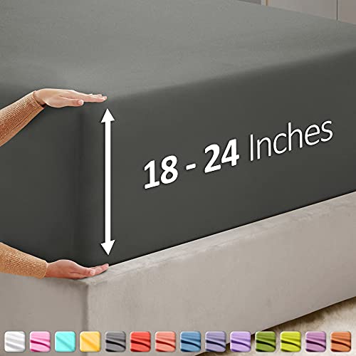 Image of Hearth & Harbor Extra Deep Pocket Full Fitted Sheet - Fits 18 to 24 Inch Mattress - Ultra Soft 1800 Microfiber, Wrinkle-Free & Breathable - Hotel Luxury Fitted Sheet Only, Dark Grey