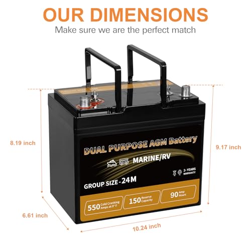 Image of Weize Dual Purpose AGM Battery BCI Group 24M, Starter & Deep Cycle 150RC 550CCA 12V 90AH Sealed Marine & RV Battery