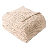 Battilo Beige Chenille Throw Blanket for Couch, Soft Diamond Textured Knit Tan Blanket, Cozy Lightweight Decorative Blankets for Sofa, 50