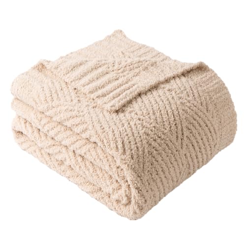 Battilo Beige Chenille Throw Blanket for Couch, Soft Diamond Textured Knit Tan Blanket, Cozy Lightweight Decorative Blankets for Sofa, 50