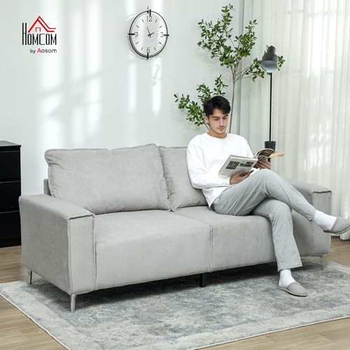 HOMCOM Modern 3 Seater Sofa with Spring Cushion, 193cm Fabric Sofa Couch with Back Pillows, Upholstered Corduroy Settee for Living Room, Bedroom, Home Office, Light Grey - Image 3