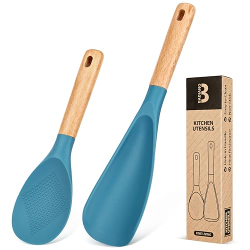 Image of Cooking Spoon and Rice Scooper for Nonstick Cookwares, Great for Cooking and Serving Durable BPA-Free Matte Silicone, Wood Handle Spoon for Mixing, Scoop, and Scrape